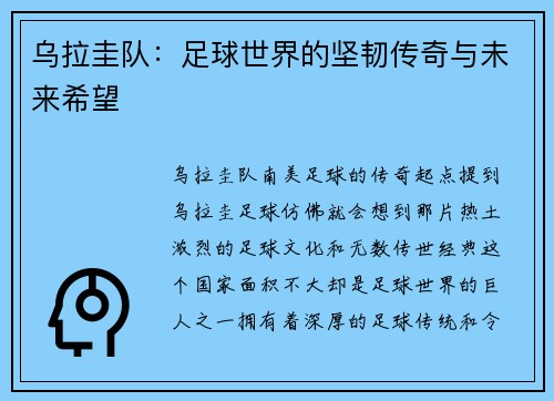 乌拉圭队：足球世界的坚韧传奇与未来希望