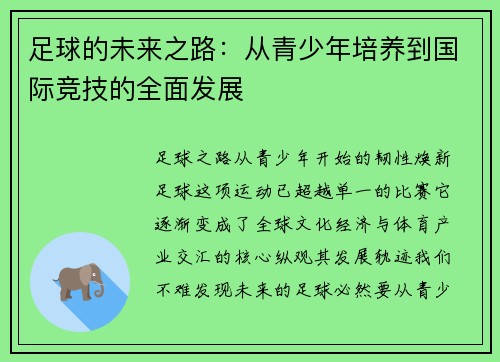 足球的未来之路：从青少年培养到国际竞技的全面发展