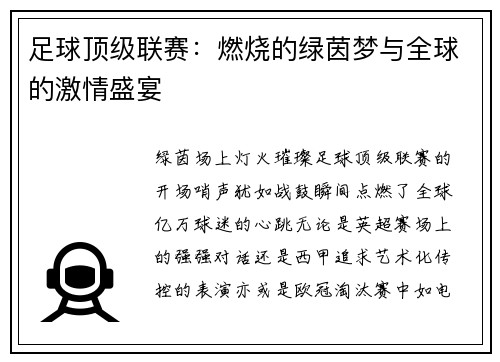 足球顶级联赛：燃烧的绿茵梦与全球的激情盛宴
