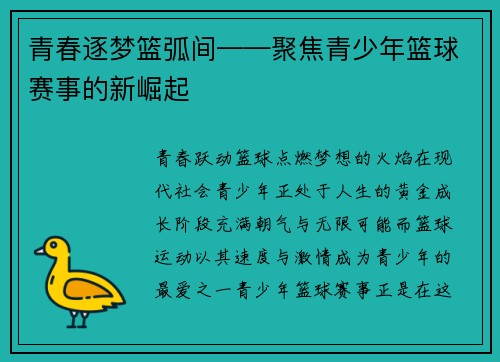 青春逐梦篮弧间——聚焦青少年篮球赛事的新崛起