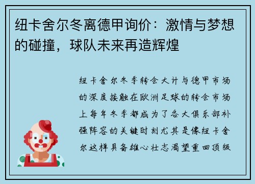 纽卡舍尔冬离德甲询价：激情与梦想的碰撞，球队未来再造辉煌
